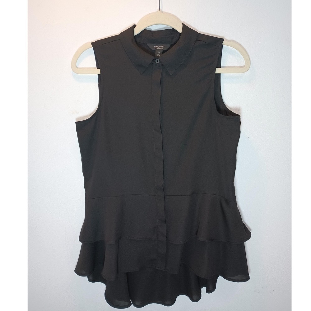 Vera Vera Wang Black Sleeveless Peplum Blouse XS Hidden Button Down Preppy Chic